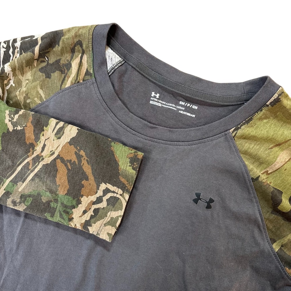 UNDER ARMOUR HeatGear Shirt Womens Small Gray Camo‎ Raglan 3/4 Sleeve Fitted